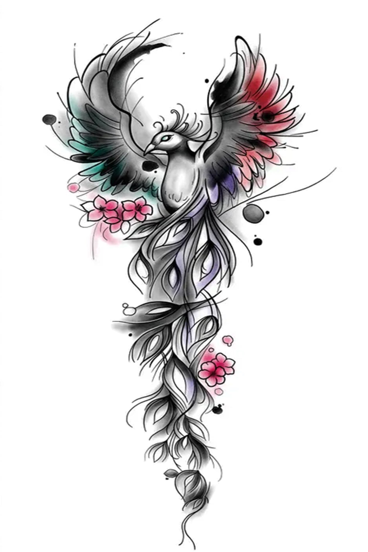This soft feather phoenix is taking flight with small pink flowers attached. Traditionally the phoenix is an immortal bird always rising from the ashes. The is a beautiful image with delicate pink flowers and pink and pale teal colors lightly added. Creatively wear this artwork on any part of your body, arm, leg, torso, or shoulder.