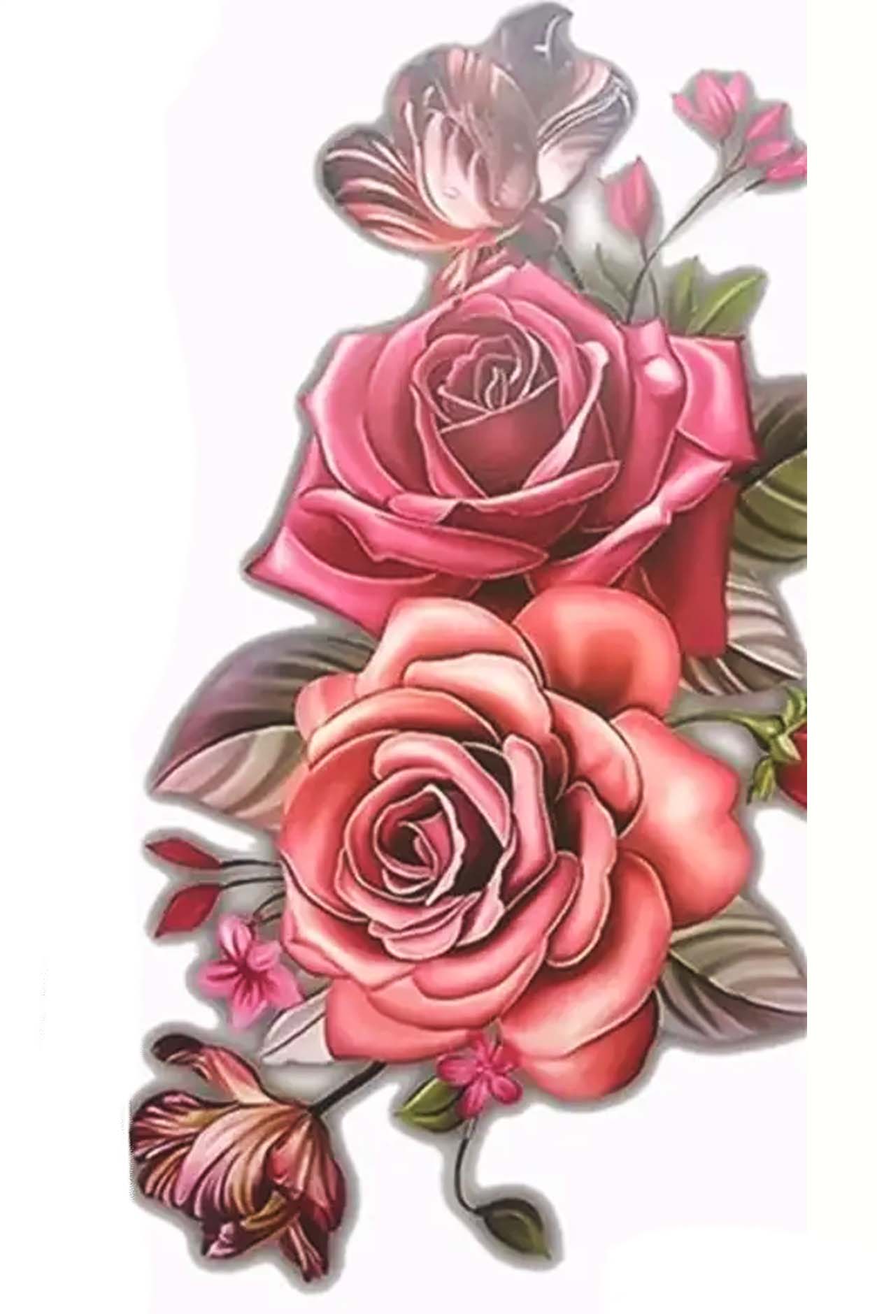 A delicate bouquet of lifelike pink and deep pink roses will beautify your arm, leg, torso, hip, or chest. The delicate rose capture light and shadow just right, the spray has tiny buds and leaves in the background at the right juxtaposition.