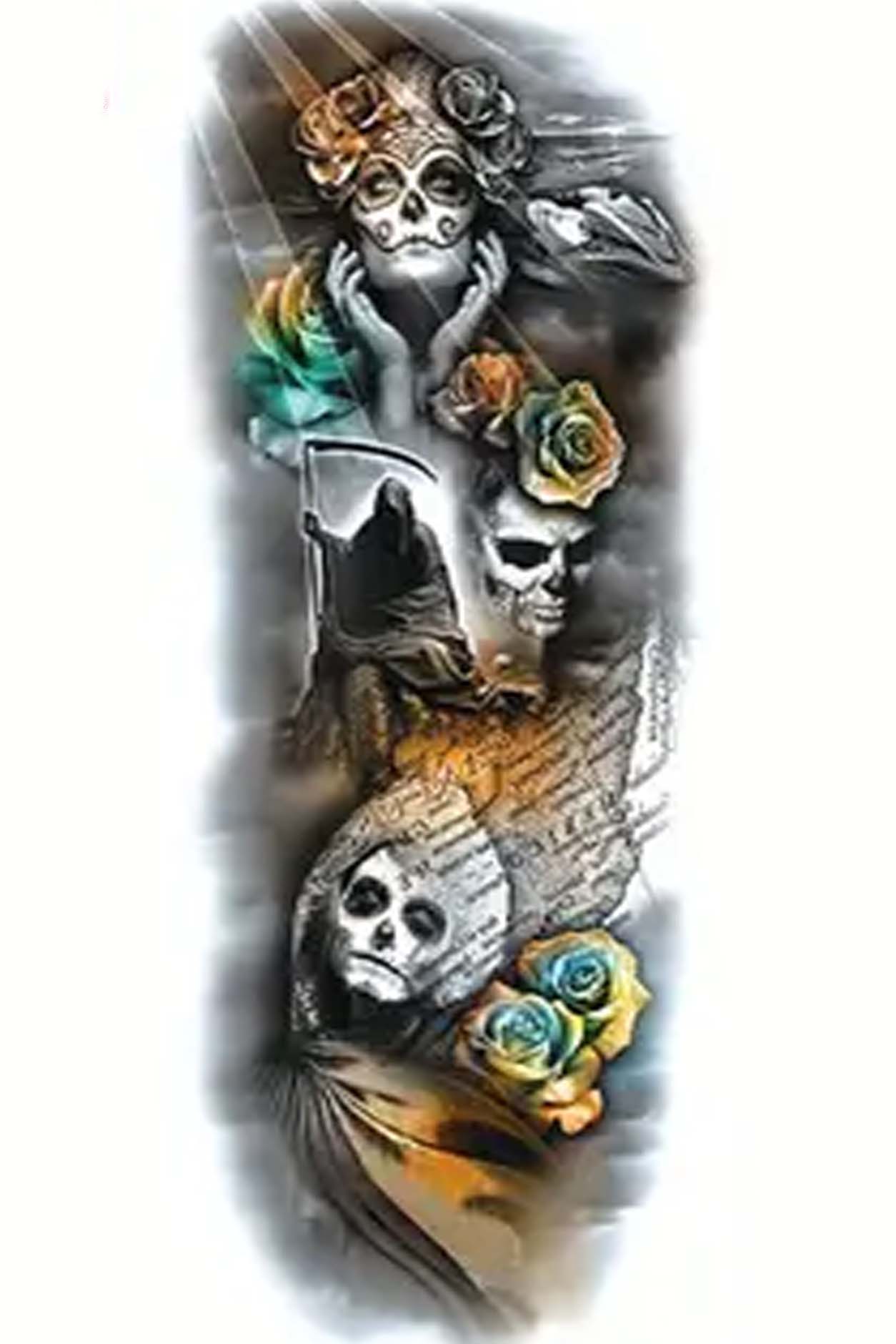 This Day of Dead-themed sleeve includes a beautiful woman in full Mardi Gras death mask, skull masks, a grim reaper with a sickle, and a Map of Mexico and Cancun. Grey and sunset-shaded clouds frame this work of art, with a Cancun coastal beach at the top. This tattoo artwork will cover an entire arm from shoulder to wrist.