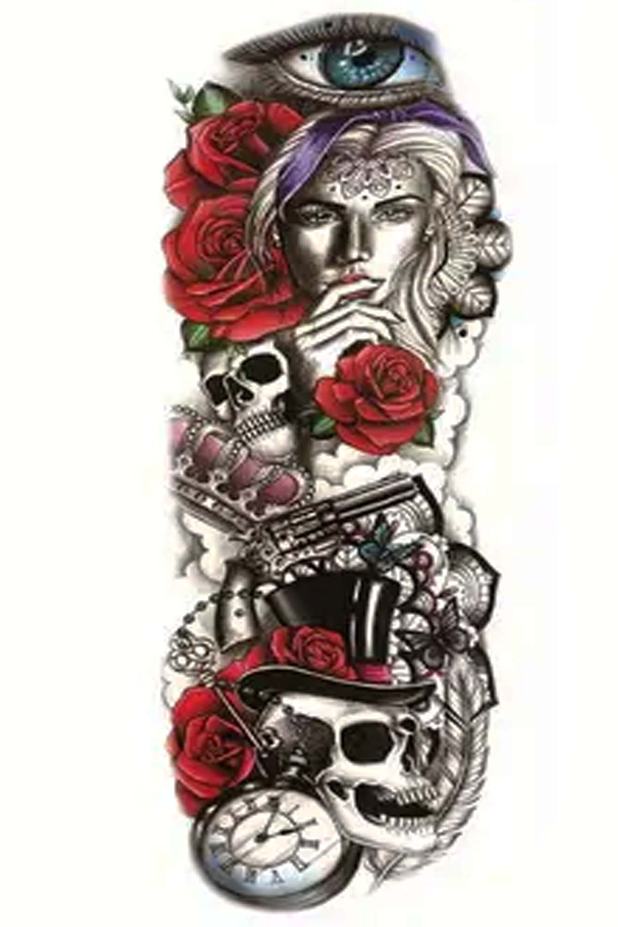 This awesome tat is telling a story of love, life, and death. The premise reminds you of The Great Gatsby. This tat tells its story starting with a watching eye, a beautiful woman, full red roses, crowns, guns, skulls, top hats, and time. Then the design is brought together with lace, feathers, butterflies, and clouds in black, red, and purple colors.