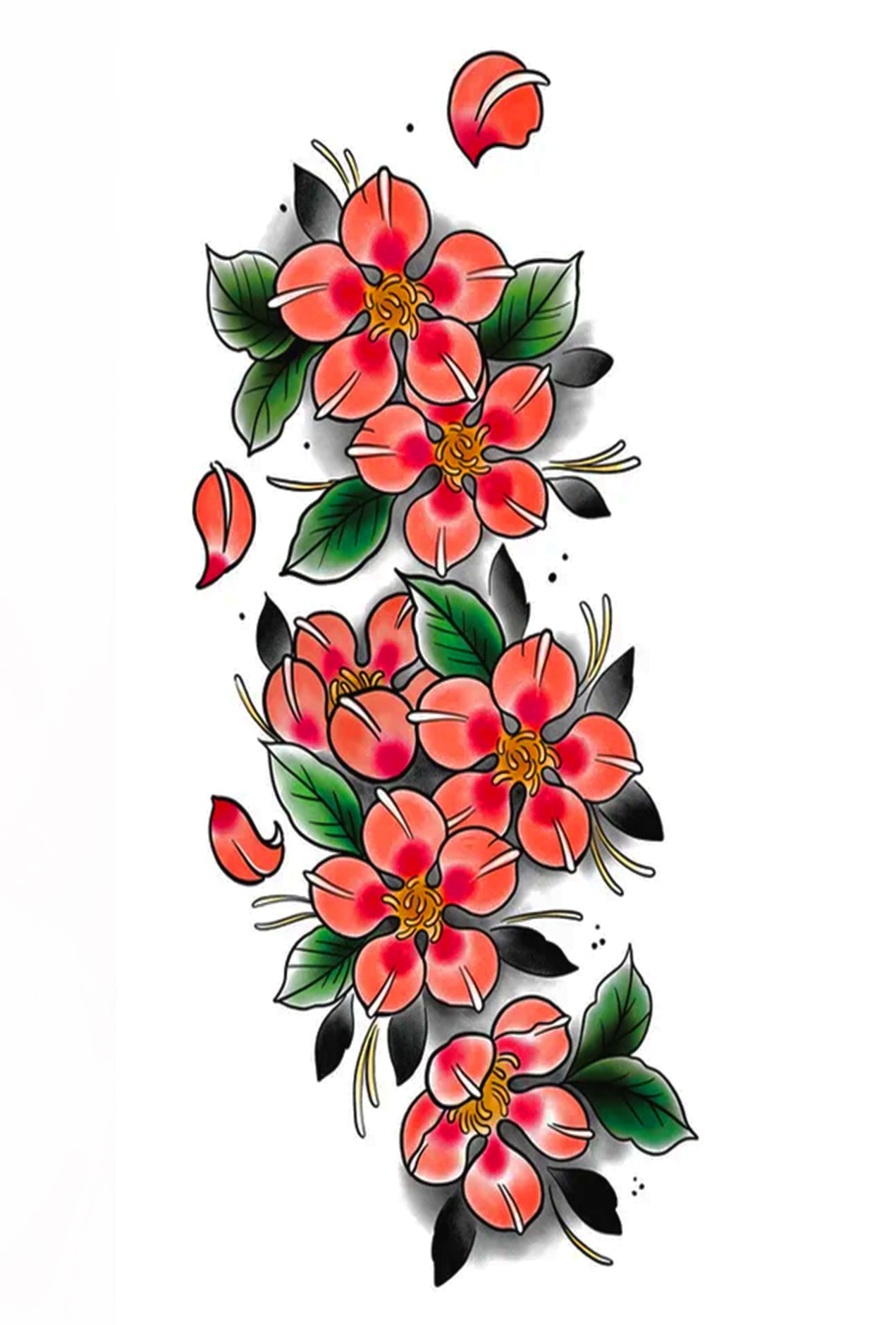 A cherry blossom is a symbolic sign of spring brining renewal, and fleeting nature of life. The blossom is also associated with conveying security freedom and happiness. This tattoo has 6 bright pink blossoms nested in leaves. This bright and friendly tag will grace and body part from arm to ankle.