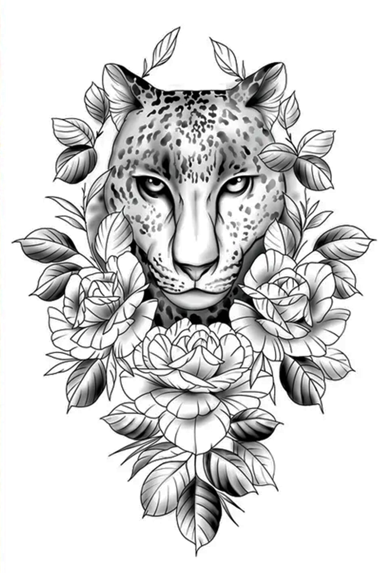 A slender and fierce cheetah is surrounded by a soft bouquet of beauty roses. The powerful cat is concentrating on his next prey while encircled in a symbol of timeless love.
