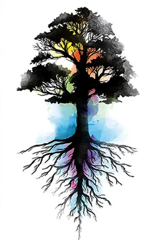 Trees offer a mystical connection to our spirituality and play an important role in many mythologies and religions. In ancient traditions all over the world, the tree is a symbol of life itself, representing the totality of a universe in which everything is imbued with spirit. This tree incorporates rainbow clouds or possibly a colorful sunrise.