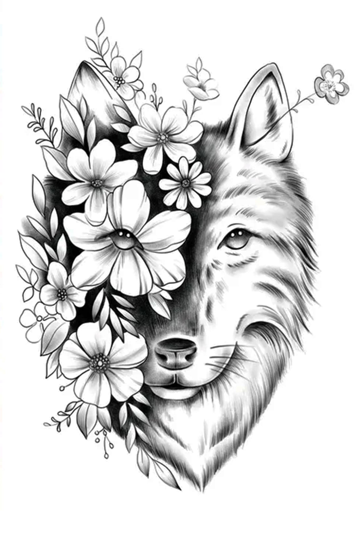 A sly friendly wolf peers around and through a wildflower bunch. His eyes are as bright as his smile. This tattoo represents a combination of the delicate and wild nature.