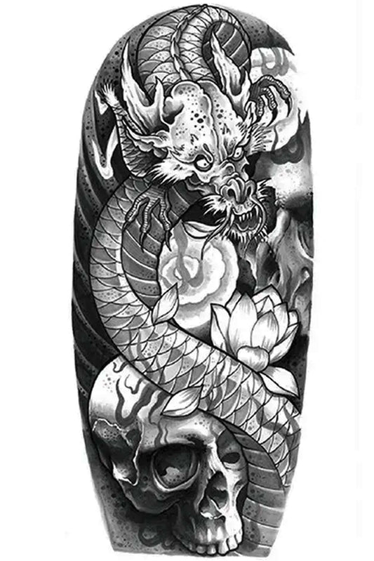 An image of an older wiser dragon, who is protecting his prize of skulls and bones. He also has stolen a few Lotus flowers for his Lair. These flowers add the purity, spiritual enlightenment, and rebirth while the skulls represent death. The eternal struggle between good and darkness. Artwork is done in a traditional black ink.