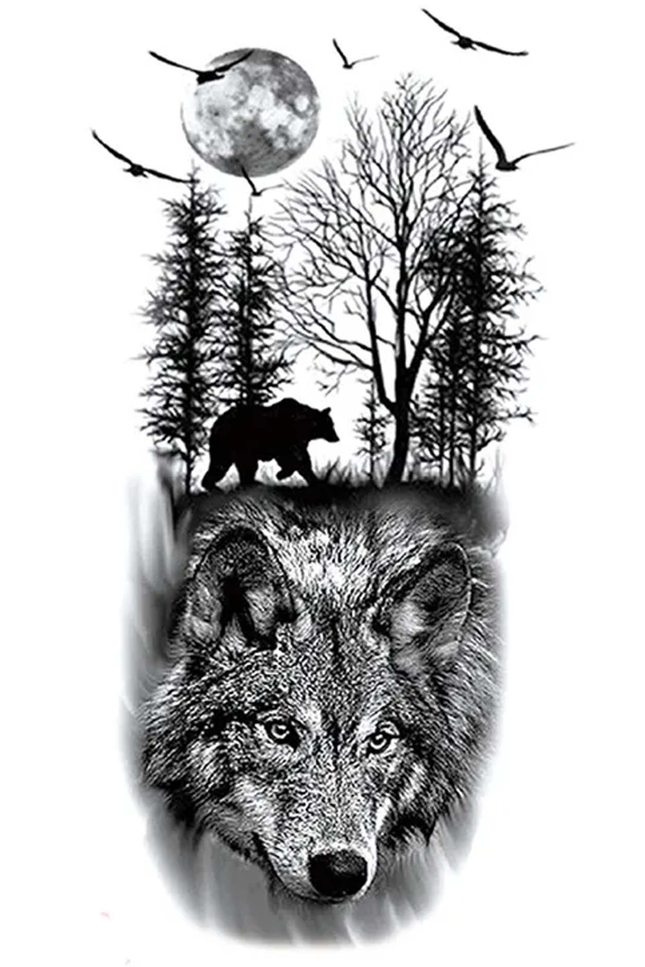 The wolf, the bear, under a full moon in the woods. What mystical troubles will this image bring? Crows have been startled, flying over the top of the bear and the wolf, creating a story of distress and trouble. The image of the wolf is so lifelike that it looks directly into you.