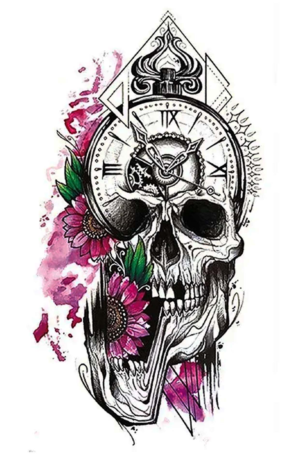 There is an ever-present struggle between life and death, and the clock is always ticking. This beautiful fake tag has happy pink flowers surrounding the clock and skull, reminding us of life’s preciousness. Enjoy this artistic tag on an arm, leg, or chest. Colors are black and deep rose artistically done. 