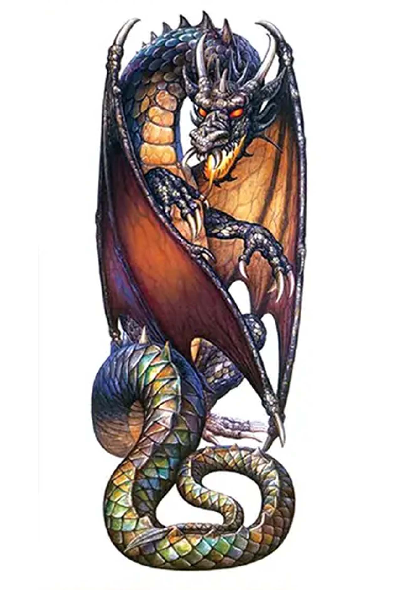 Every detail has been addressed in this design of a brown-winged dragon. Diamond-shaped scales in greens and blues run along a spiked tail. His glowing orange eyes and mouth impress a battle readiness. The colorful design is an asymmetrical stance perfect for an arm or leg display.
