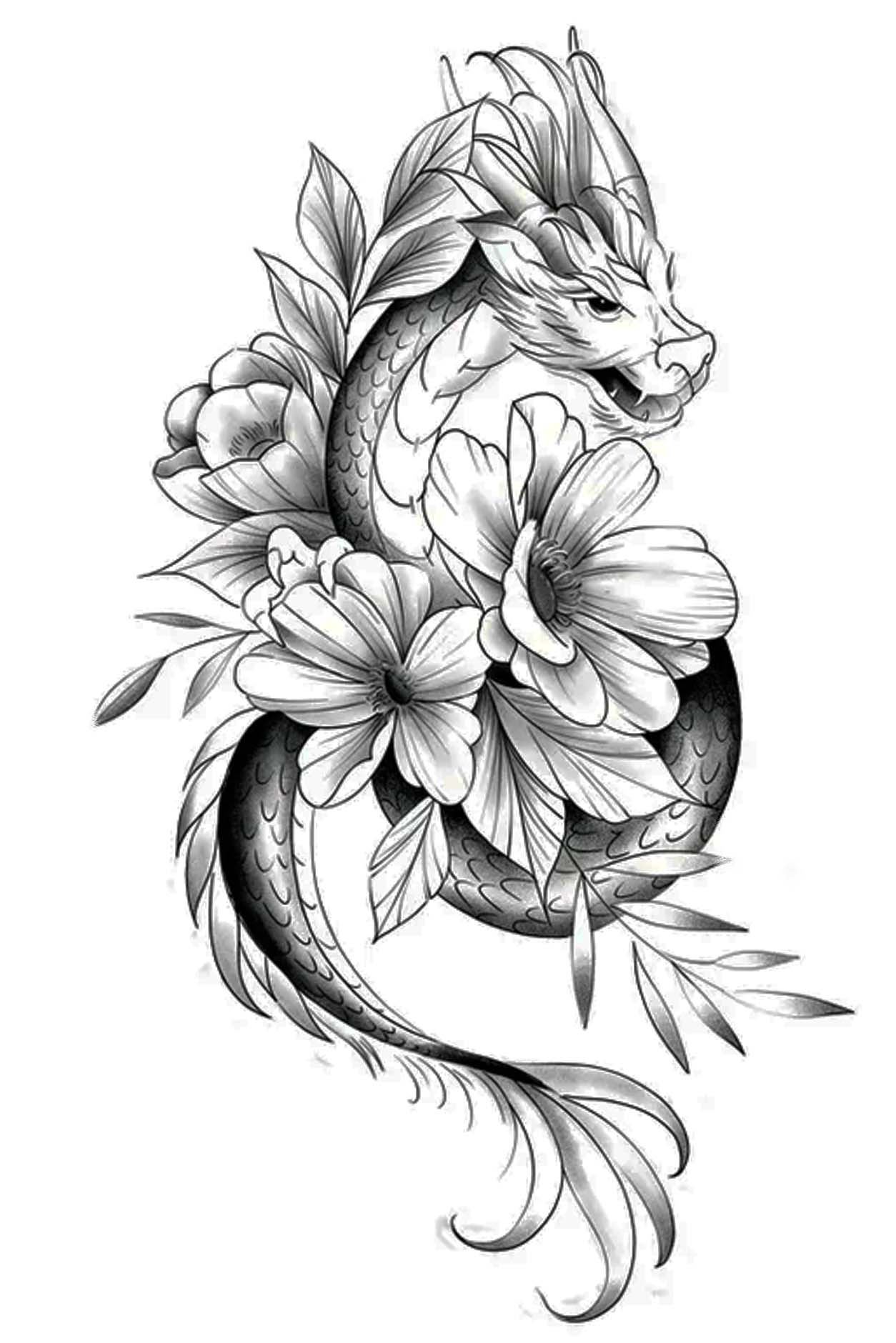 This fierce but happy dragon is hugging soft flowers. We learned from "Game of Thrones" that dragons are protective and loyal creatures. The contrast of blossoms with this dragon softens its spirit.