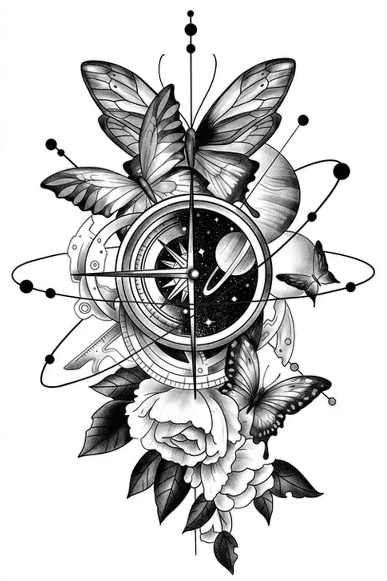 Butterflies are a guiding light that directs the highest spiritual truth, and the compass points us in the right direction. The electron's encircle the entire solar system creating a universal special picture of continuous life. This is a complex piece with many ingredients including planet Saturn and clock part and space.