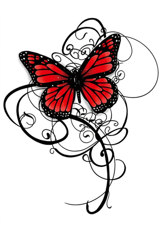 This lifelike Monarch butterfly has a delicate shadow and looks to take flight soon. A geometric swirl resembling a soft delicate path compliments the main subject. Creatively wear this artwork on any part of your body, arm, leg, torso, or shoulder.