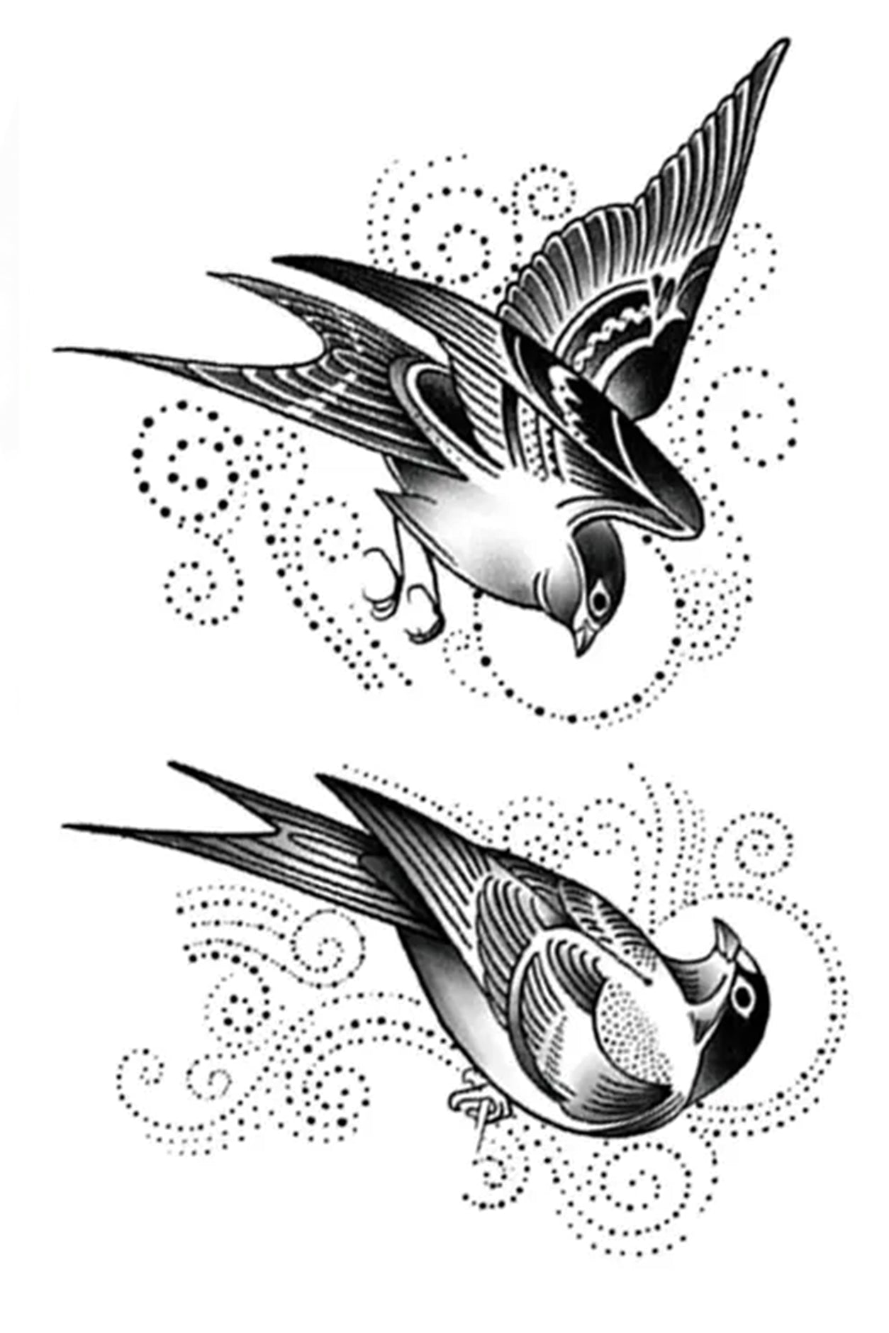 These agile birds are surrounded by a flurry of movement. Wear them together or portion one at a time. Swallows have been considered sacred because they were thought to have flown around the cross of Calvary. 